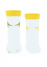Weiße Socken mit einem gelben gerippten Bund, verziert mit grünen Dinosaurier-Motiven und gelben Akzenten. Weicher Stoff, mittellanges Design.