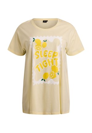 Geltona medvilninė trumpomis rankovėmis marškinėliai su citrinų grafiniu dizainu ir užrašu „SLEEP TIGHT“ ant kreminės spalvos fono.