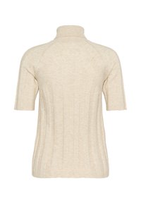 Beige ribbet kortærmet turtleneck sweater med tætsiddende silhuet og struktureret vertikal strikmønster.