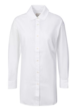 Langärmliges weißes Hemd mit Knopfverschluss, spitzem Kragen und Manschetten, für eine lockere Passform gestaltet.