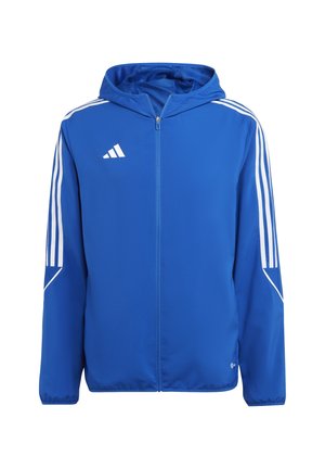 Veste de sport bleue avec des bandes blanches sur les manches, fermeture éclair intégrale à l'avant, capuche et petit logo blanc sur la poitrine.