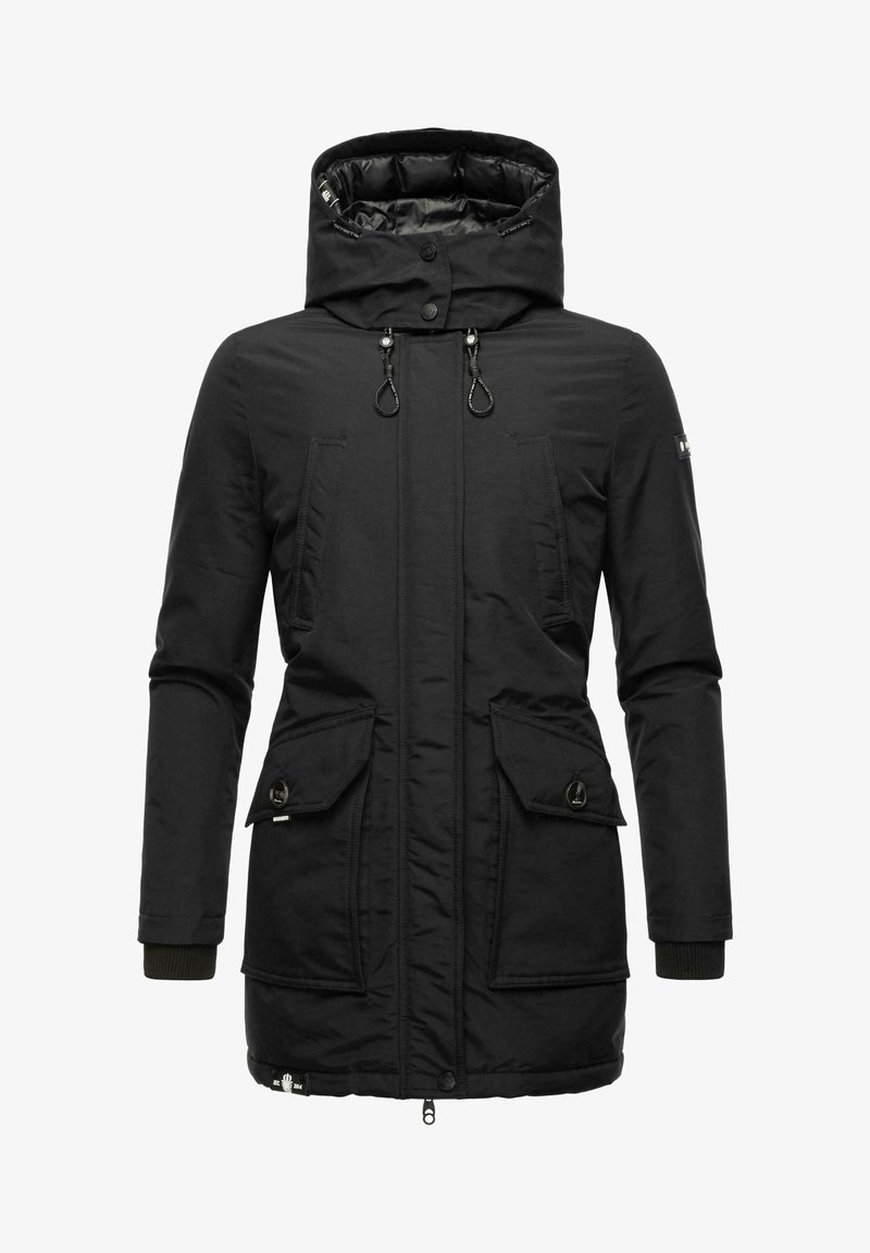 Parka noire avec un col montant, capuche ajustable, doubles poches poitrine et poches latérales avec rabats et boutons-pression.