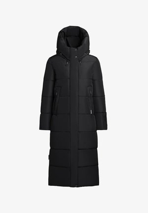 Schwarzer Puffer-Mantel mit einer hohen, gepolsterten Kapuze. Verfügt über Reißverschlusstaschen an den Seiten, horizontale Nähte und ein Design in knielanger Länge.