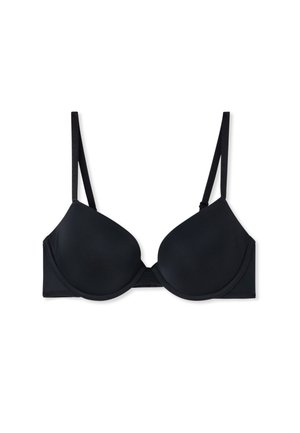 Reggiseno imbottito nero con ferretto, spalline sottili regolabili e tessuto liscio, mostrato su sfondo bianco.
