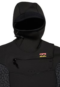 Black wetsuit with a hood, featuring textured black accents on the sides and a colorful logo. Smooth, stretchy material with a zip pocket.