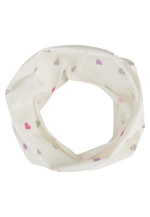 Lightweight infinity scarf in beige with small, colorful hearts in pink, purple, and gray. Soft, stretchy fabric with a smooth texture.