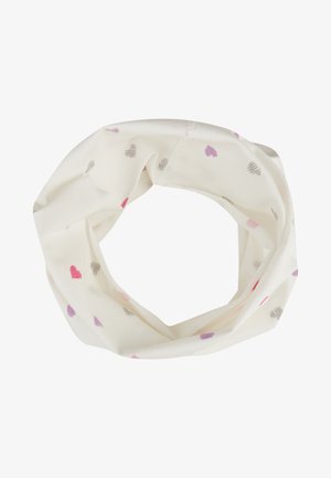 Sciarpa infinity leggera beige con piccoli cuori colorati in rosa, viola e grigio. Tessuto morbido ed elastico con una texture liscia.