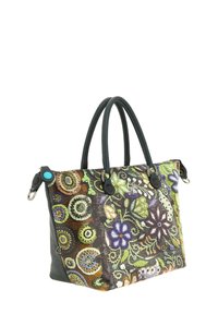 Sac fourre-tout avec des poignées noires présentant des motifs floraux et circulaires colorés dans des tons de vert, violet et marron. Accents en métal argenté.