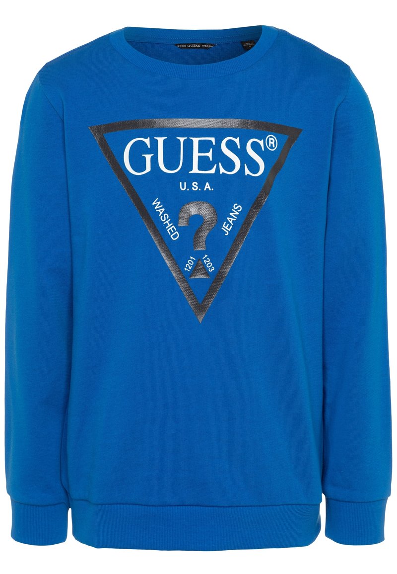 Sudadera azul con mangas largas, cuello redondo, que presenta un logo de triángulo negro y el texto "GUESS U.S.A. WASHED JEANS" en blanco y negro.