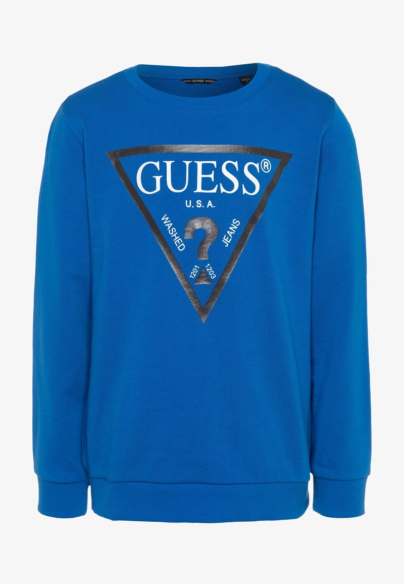 Sudadera azul con mangas largas, cuello redondo, que presenta un logo de triángulo negro y el texto "GUESS U.S.A. WASHED JEANS" en blanco y negro.