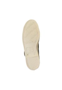 Scarpa nera con una suola in gomma bianca che presenta un motivo di battistrada testurizzato. Munita di un logo impresso sulla suola e un materiale superiore liscio.