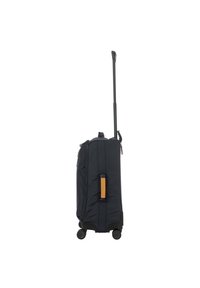 Valigia a rotelle in tessuto blu navy con manico telescopico, ruote nere e un accento in pelle laterale. Design compatto e rettangolare con cerniere.