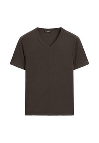 Bruine korte mouwen T-shirt met een V-hals ontwerp. Gemaakt van zachte stof, heeft het een eenvoudige, onverfraaide structuur zonder logo's of patronen.