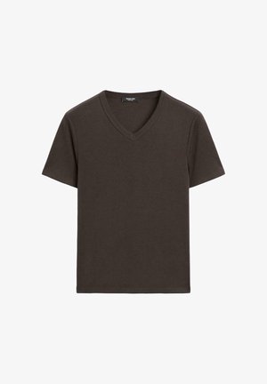 T-shirt marrone a maniche corte con scollatura a V. Realizzato in tessuto morbido, presenta una struttura semplice e priva di decorazioni, senza loghi o motivi.