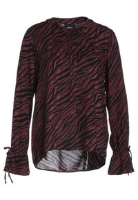 Blouse à manches longues avec rayures zébrées bordeaux et noires, col rond, boutonnage devant et détails noués aux poignets.