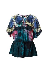 Blusa a maniche corte con vita elastica, caratterizzata da vivaci motivi geometrici e floreali in blu, rosa, giallo e verde su uno sfondo scuro.