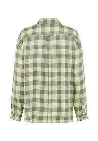 Grünes und graues kariertes Hemd mit langen Ärmeln, Button-Down-Kragen, leichtem Stoff, mit einer Falte am Rücken und knöpfbaren Manschetten.