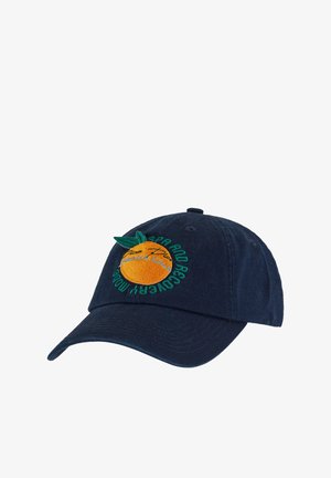 Navy cotton baseball cap with an orange embroidery and green detailing. Features a curved brim and adjustable strap at the back.