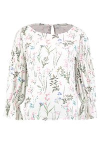 Blusa floreale con base bianca, maniche lunghe a sbuffo e stampe a fiori colorate in rosa e blu. Dettaglio con apertura a chiave sulla schiena con lacci.
