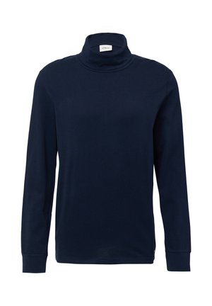 Granatowy, długi rękaw golf wykonany z miękkiego materiału, z wysokim kołnierzem i dopasowanymi mankietami, o gładkiej fakturze i minimalistycznym designie.