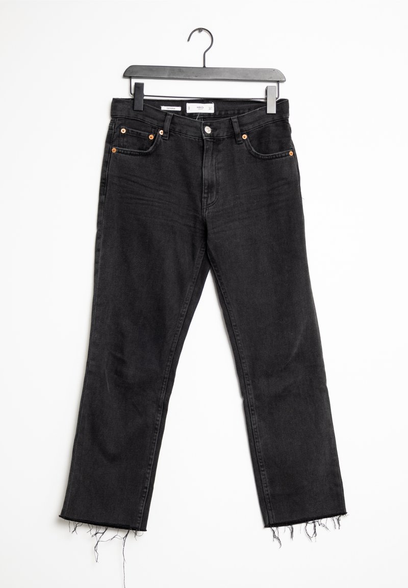 Jeans in denim nero con un taglio dritto, caratterizzati da orli sfrangiati, cinque tasche e dettagli con bottoni in rame. Il materiale è un tessuto morbido e testurizzato.