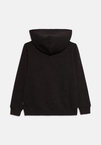 Sweat à capuche noir à manches longues avec capuche, poignets et bord-côte à la taille, vu de dos sur un fond uni clair.