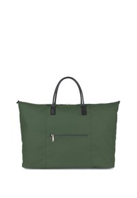 Green nylon tote bag with black leather handles, featuring a front zip pocket and simple rectangular shape. Smooth texture and minimal design.