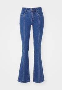 High-waisted flared jeans in dark blue denim, featuring a two-button closure, side seams, and a slightly faded texture.