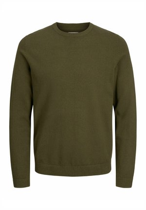 Olivengrøn rundhalset sweater med lange ærmer, ribbede manchetter og kant, ensfarvet strikstof, uden mønstre eller logoer.