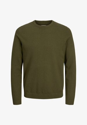 Olivengrøn rundhalset sweater med lange ærmer, ribbede manchetter og kant, ensfarvet strikstof, uden mønstre eller logoer.