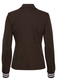 Tummanruskea slim fit -takki pitkillä hihoilla ja valkoisilla raidallisilla resoreilla, nähtynä takaa.