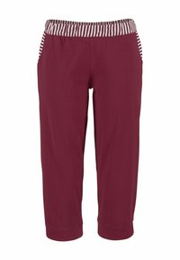 Burgundy cropped pants with a striped elastic waistband and side pockets, made from soft fabric, featuring a smooth texture and relaxed fit.