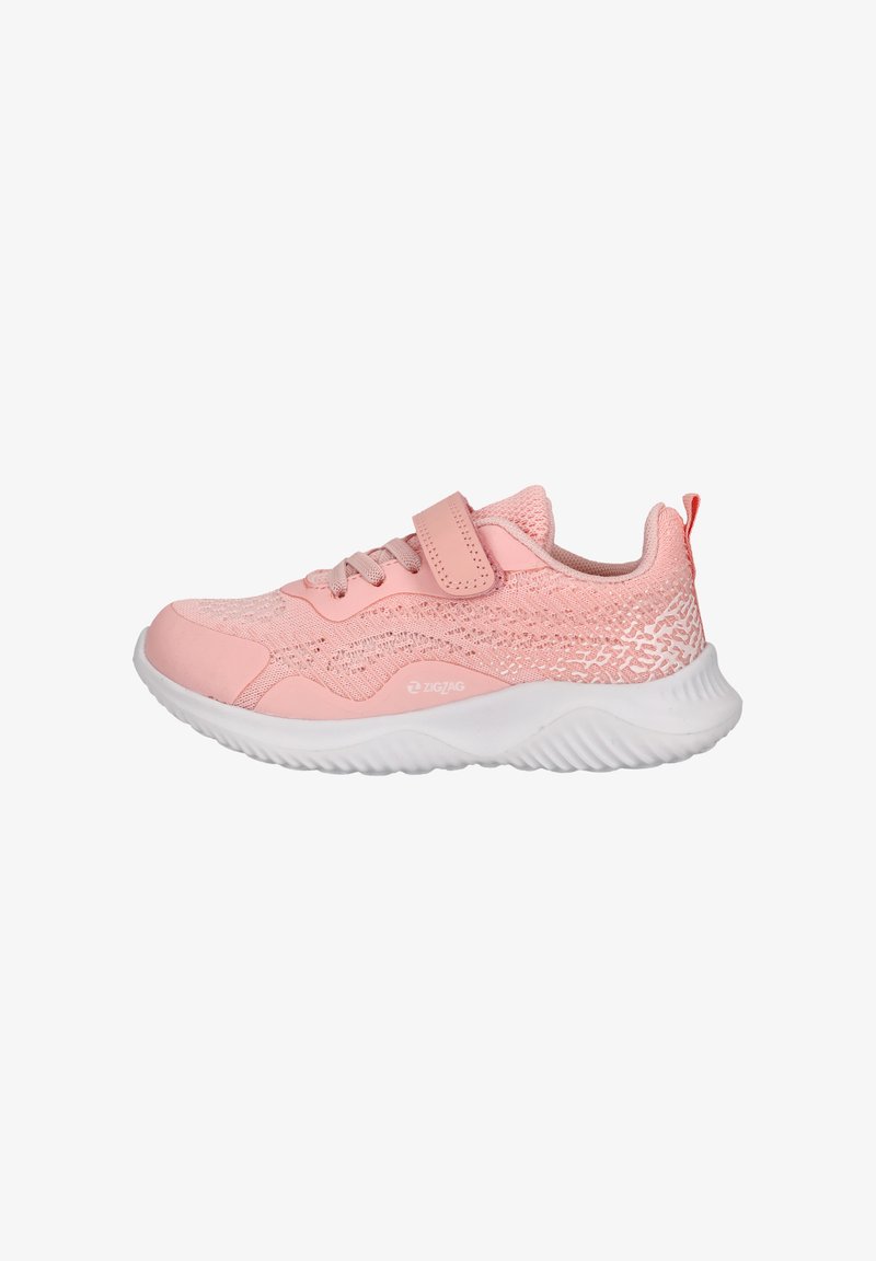 Rosa Sportschuh mit Mesh-Obermaterial, Schnürung und Klettverschluss, weißer gepolsterter Sohle und strukturiertem Fersenbereich.