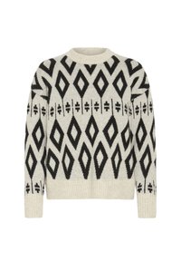 Maglione a maglia color crema con motivi geometrici neri a diamante e a croce, polsini e orlo a coste, e colletto rotondo.