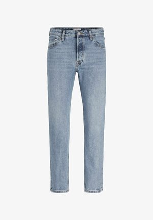 Heren spijkerbroek in lichtblauw met rechte pijpen, voorste knoop- en ritssluiting, riemlussen en vijf zakken.