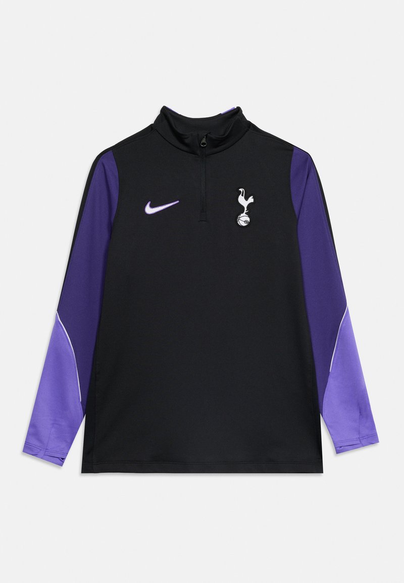 Μαύρο και μωβ αθλητικό τοπ Nike με μακριά μανίκια, τεταρτημοριακό φερμουάρ μπροστά και λογότυπο της ποδοσφαιρικής ομάδας Tottenham Hotspur στο στήθος.