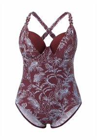 Maillot de bain bordeaux avec des bretelles croisées, des coques rembourrées et un motif floral en bleu clair. Texture lisse et conception à couverture modérée.