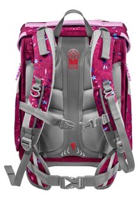 Lila und grauer Rucksack mit floralem Muster, gepolsterten Trägern, verstellbaren Schnallen und Belüftungsnetz auf der Rückseite für zusätzlichen Komfort.