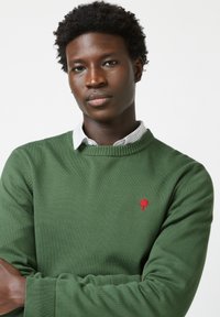 Groene gebreide sweater met geribde manchetten en zoom, met een klein rood boomembleem op de borst. Gelaagd over een wit gestreept shirt.
