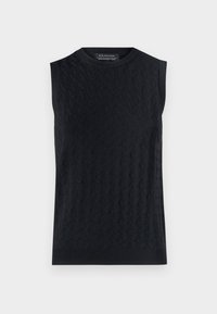 Maglione senza maniche nero con un motivo a diamante testurizzato, colletto e orlo a costine, realizzato in un morbido materiale a maglia.