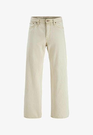 Beige wide-leg denim jeans with front button, zipper closure, belt loops, and multiple pockets.