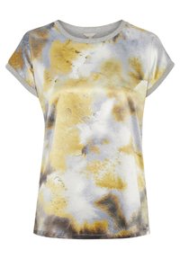 T-shirt à manches courtes en tissu doux avec un motif aquarelle multicolore, comprenant des nuances de jaune, gris et marron, et une bordure argentée.