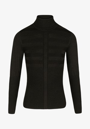 Black turtleneck sweater with textured vertical panels, ribbed sleeves, and body. Made of a soft knit fabric with a fitted design.