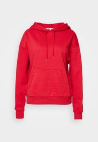 Czerwona bluza z kapturem, sznurkami i przednią kieszenią. Wykonana z miękkiego materiału, z ściągaczami na mankietach i u dołu. Prosty, swobodny design.
