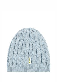 Beanie azzurro chiaro in maglia con motivo a treccia, dotato di una fascia a coste e un piccolo etichetta verde con il logo di un orso.
