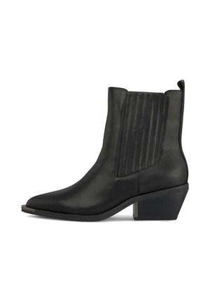 Black leather ankle boots with a pointed toe, elastic side panels, ribbed detailing, and a block heel accentuated by a metallic element.
