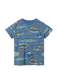 Blaue Baumwoll-T-Shirts mit Fischmuster in verschiedenen Farben und Designs, einschließlich Aalen, mit kurzen Ärmeln und Rundhalsausschnitt.