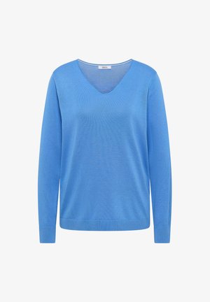 Maglione azzurro chiaro con scollo a V, maniche lunghe e orlo a coste. Tessuto a maglia morbido con un design semplice e pulito. Etichetta del marchio: Cecil.