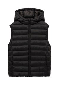 Musta toppaliivi, jossa on huppu, vetoketju edessä ja vaakasuorat tikatut osiot eristystä varten. Sileä, kiiltävä pinta.