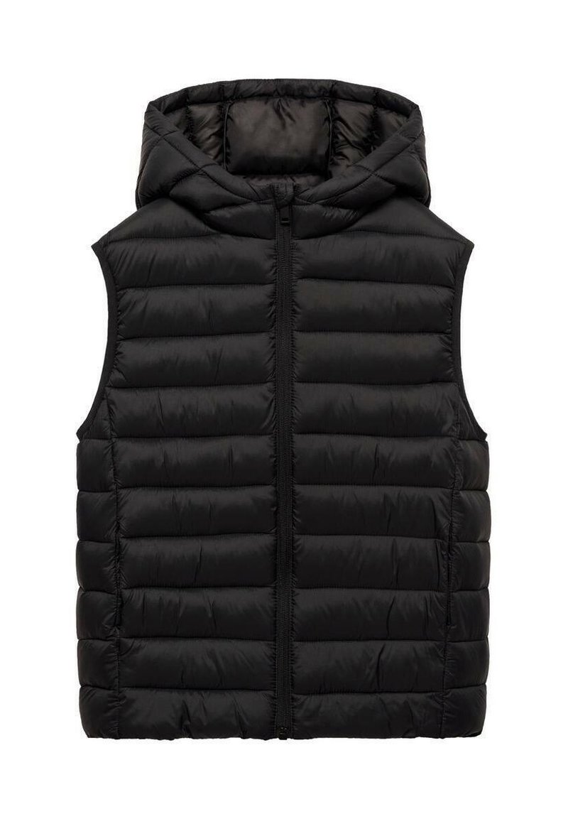 Musta toppaliivi, jossa on huppu, vetoketju edessä ja vaakasuorat tikatut osiot eristystä varten. Sileä, kiiltävä pinta.